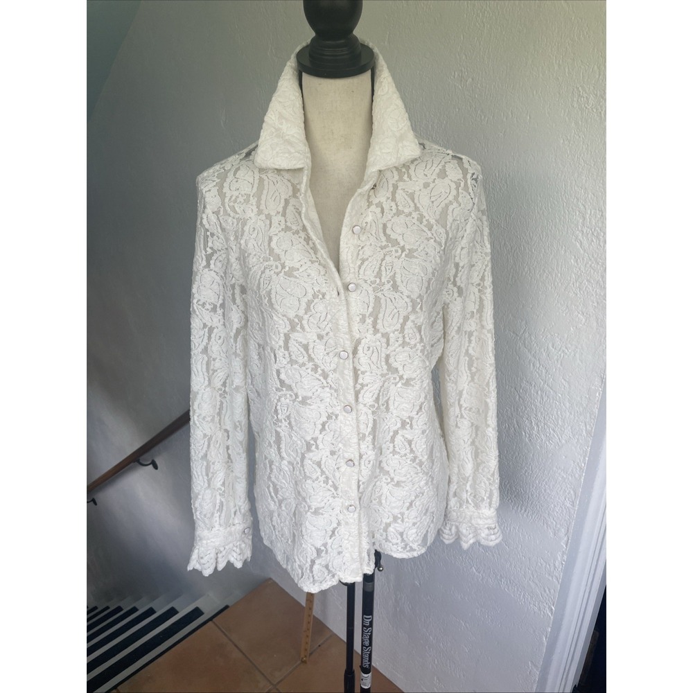 BTFBM Women's Floral Lace Button Down Blouse  Ivory Medium Scalloped Cuff Detail